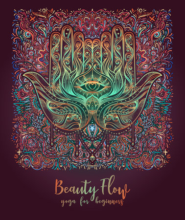 Stretch and Strength. Yoga card, flyer, poster, mat design. Colorful template for spiritual retreat or yoga studio. Ornamental business cards, oriental pattern. Vector illustrationのイラスト素材