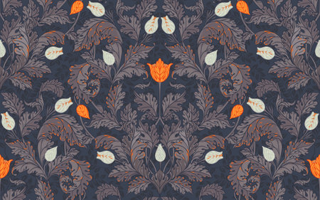 Floral vintage seamless pattern for retro wallpapers. Enchanted Vintage Flowers. Arts and Crafts movement inspired. Design for wrapping paper, wallpaper, fabrics and fashion clothes.のイラスト素材