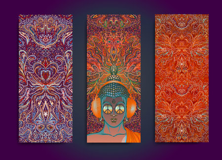 Stretch and Strength. Yoga card, flyer, poster, mat design. Colorful template for spiritual retreat or yoga studio. Ornamental business cards, oriental pattern. Vector illustrationのイラスト素材