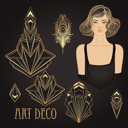 Retro fashion, glamour girl of twenties. Asian pretty woman. Vector illustration. Flapper 20s style. Vintage party invitation design template. Fancy asian lady.のイラスト素材