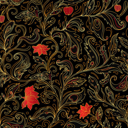 Seamless pattern with fantasy flowers, natural wallpaper, floral decoration curl illustration. Paisley print hand drawn elements. Home decor.のイラスト素材
