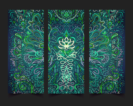 Stretch and Strength. Yoga card, flyer, poster, mat design. Colorful template for spiritual retreat or yoga studio. Ornamental business cards, oriental pattern. Vector illustrationのイラスト素材