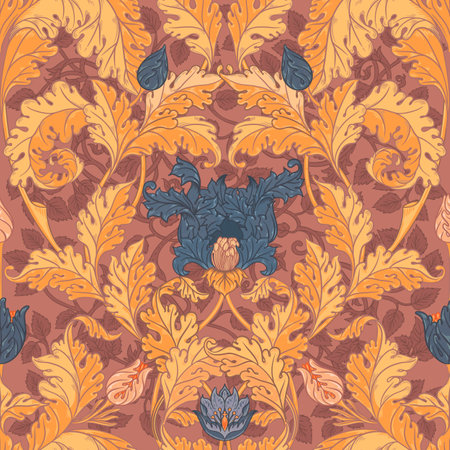 Floral vintage seamless pattern for retro wallpapers. Enchanted Vintage Flowers. Arts and Crafts movement inspired. Design for wrapping paper, wallpaper, fabrics and fashion clothes.のイラスト素材