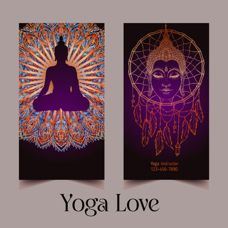 Stretch and Strength. Yoga card, flyer, poster, mat design. Colorful template for spiritual retreat or yoga studio. Ornamental business cards, oriental pattern. Vector illustrationのイラスト素材