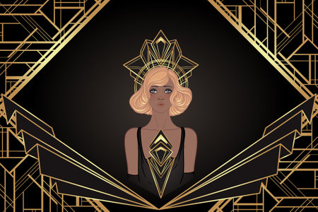 Retro fashion, glamour girl of twenties. African American woman. Vector illustration. Flapper 20s style. Vintage party invitation design template. Fancy black lady.のイラスト素材