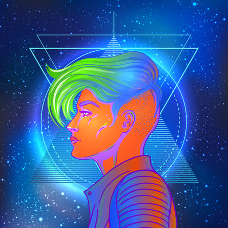 Portrait of a young pretty androgynous woman with short shaved pixie undercut in retro futurism style. Vector illustration in neon bright colors. Dyed short hair. futuristic synth wave flyer templateのイラスト素材