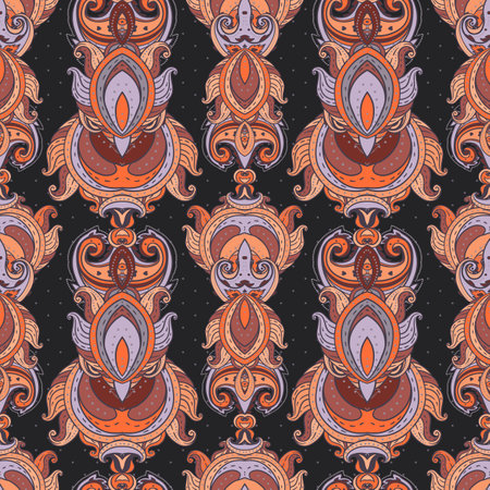 Floral paisley indian vector colorful ornate seamless pattern. Hand drawn design in ethnic Indian style. Mystic abstract background, hippie and boho texture. Occult and tribal fusion trippy wallpaper.のイラスト素材