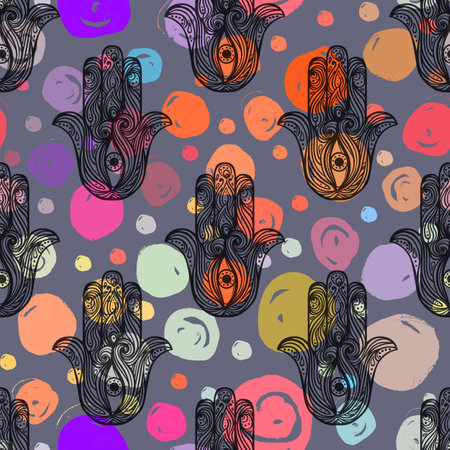 Lord Ganesha and Diwali Om Sacred Symbol Seamless Pattern. Repetition background for textiles, wrapping paper or wallpapers. Boho style ornament. indu motifs. Tattoo, yoga, spirituality.のイラスト素材