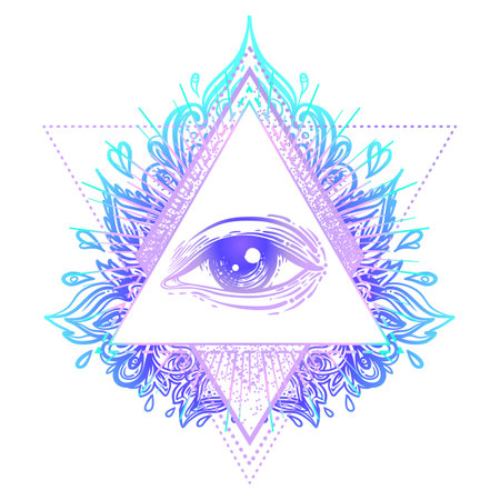 Sacred geometry symbol with all seeing eye over in acid colors. Mystic, alchemy, occult concept. Design for indie music cover, t-shirt print, psychedelic poster, flyer. Astrology, esoteric, religion.のイラスト素材