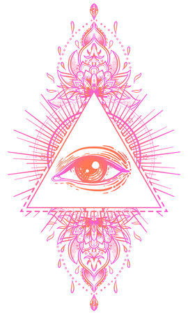 Sacred geometry symbol with all seeing eye over in acid colors. Mystic, alchemy, occult concept. Design for indie music cover, t-shirt print, psychedelic poster, flyer. Astrology, esoteric, religion.のイラスト素材