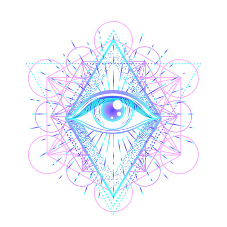 Sacred geometry symbol with all seeing eye over in acid colors. Mystic, alchemy, occult concept. Design for indie music cover, t-shirt print, psychedelic poster, flyer. Astrology, esoteric, religion.のイラスト素材