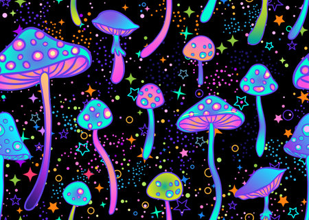 Magic mushrooms and stars seamless pattern. Psychedelic hallucination. 60s hippie colorful art. Vintage psychedelic textile, fabric, wrapping, wallpaper. Vector repeating illustration.のイラスト素材