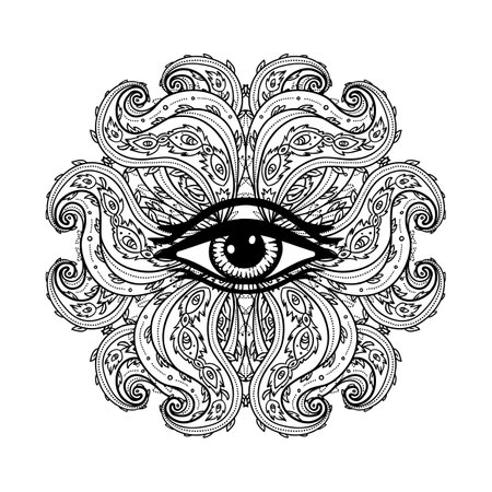 All seeing eye in ornate round mandala pattern. Mystic, alchemy, occult concept. Design for music cover, t-shirt , boho poster, flyer. Astrology, shamanism, religion. Coloring book pages for adults.のイラスト素材