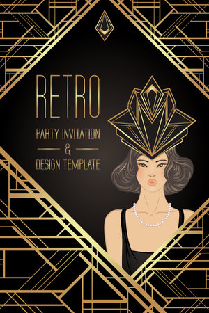 Retro fashion, glamour girl of twenties. Asian pretty woman. Vector illustration. Flapper 20s style. Vintage party invitation design template. Fancy asian lady.のイラスト素材