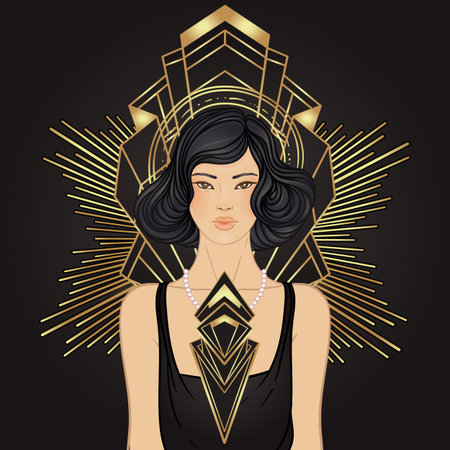 Retro fashion, glamour girl of twenties. Asian pretty woman. Vector illustration. Flapper 20s style....