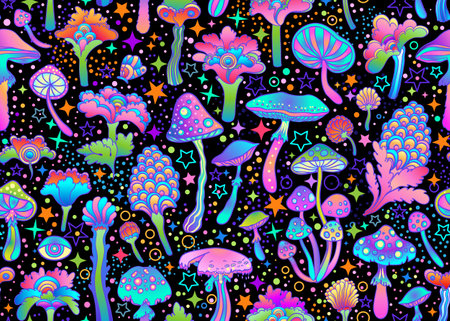 Magic mushrooms and stars seamless pattern. Psychedelic hallucination. 60s hippie colorful art. Vintage psychedelic textile, fabric, wrapping, wallpaper. Vector repeating illustration.のイラスト素材