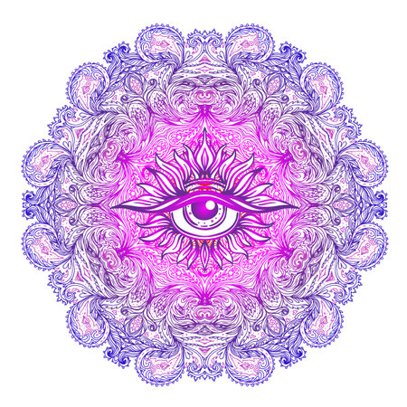 All seeing eye in ornate round mandala pattern. Mystic, alchemy, occult concept. Design for music cover, t-shirt , boho poster, flyer. Astrology, shamanism, religion. Coloring book pages for adults.のイラスト素材