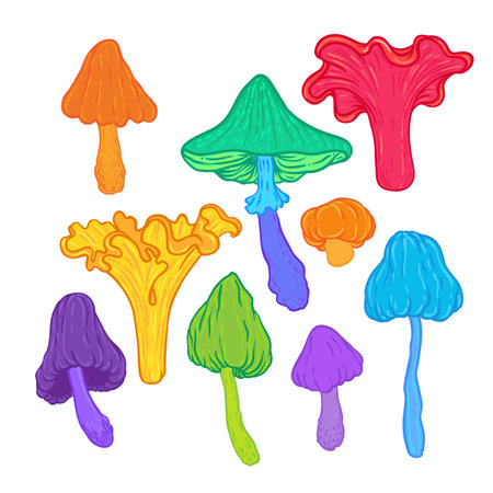 Magic mushrooms. Psychedelic hallucination. Vibrant vector illustration. 60s hippie colorful art. Vintage psychedelic textile, fabric, wrapping, wallpaper.のイラスト素材