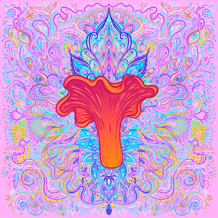 Magic mushrooms mandala. Psychedelic hallucination. Vibrant trippy vector illustration. 60s hippie colorful art. Hand drawn design in ethnic Indian style. Mystic abstract hippie yoga mat design.のイラスト素材