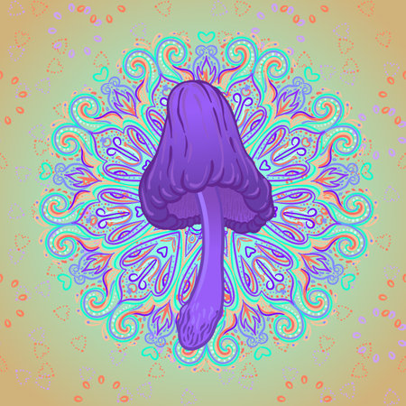 Magic mushrooms mandala seamless pattern. Psychedelic hallucination. Vibrant trippy vector illustration. 60s hippie colorful art. Hand drawn design in ethnic Indian style. Mystic abstract yoga mat design.のイラスト素材