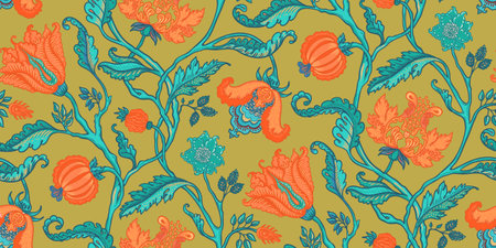 Floral vintage seamless pattern in Jacobean style for retro wallpapers. Enchanted Vintage Flowers. Chintz inspired. Design for wrapping paper, wallpaper, fabrics and fashion clothes.のイラスト素材