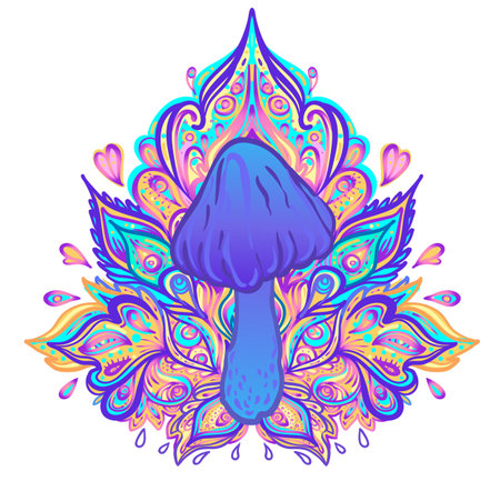 Magic mushrooms mandala. Psychedelic hallucination. Vibrant trippy vector illustration. 60s hippie colorful art. Hand drawn design in ethnic Indian style. Mystic abstract hippie yoga mat design.のイラスト素材