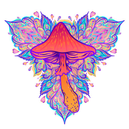 Magic mushrooms mandala. Psychedelic hallucination. Vibrant trippy vector illustration. 60s hippie colorful art. Hand drawn design in ethnic Indian style. Mystic abstract hippie yoga mat design.のイラスト素材