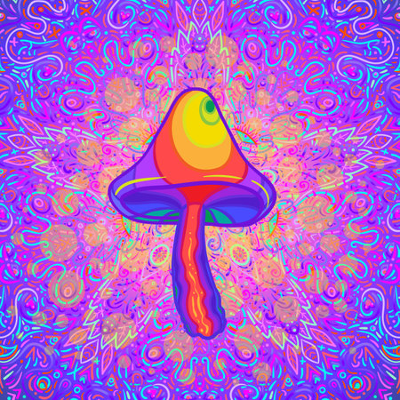 Magic mushrooms mandala seamless pattern. Psychedelic hallucination. Vibrant trippy vector illustration. 60s hippie colorful art. Hand drawn design in ethnic Indian style. yoga mat design.のイラスト素材