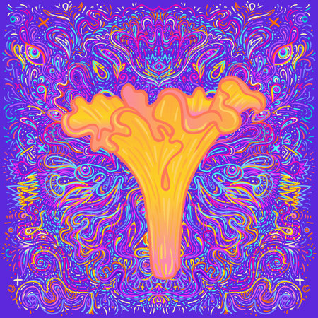 Magic mushrooms mandala. Psychedelic hallucination. Vibrant trippy vector illustration. 60s hippie colorful art. Hand drawn design in ethnic Indian style. Mystic abstract hippie yoga mat design.のイラスト素材