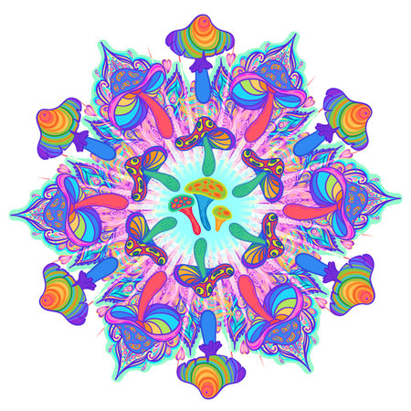 Magic mushrooms. Psychedelic hallucination. Vibrant vector illustration. 60s hippie colorful art in pink pastel goth colors over mandala round pattern . Sticker, patch, poster graphic design.のイラスト素材