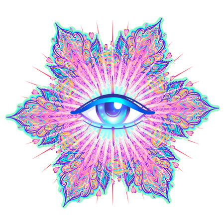 Magic mushrooms. Psychedelic hallucination. Vibrant vector illustration. 60s hippie colorful art in pink pastel goth colors over mandala round pattern . Sticker, patch, poster graphic design.のイラスト素材