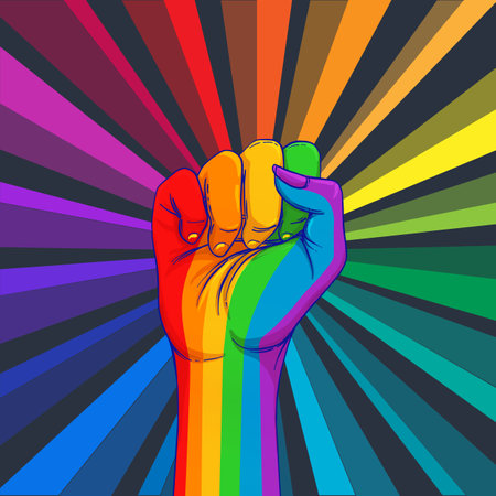 Rainbow colored hand with a fist raised up. Gay Pride. LGBT concept. Realistic style vector colorful illustration. Sticker, patch, t-shirt print, logo design.のイラスト素材