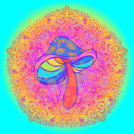 Magic mushrooms mandala seamless pattern. Psychedelic hallucination. Vibrant trippy vector illustration. 60s hippie colorful art. Hand drawn design in ethnic Indian style. yoga mat design.のイラスト素材