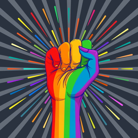 Rainbow colored hand with a fist raised up. Gay Pride. LGBT concept. Realistic style vector colorful illustration. Sticker, patch, t-shirt print, logo design.のイラスト素材