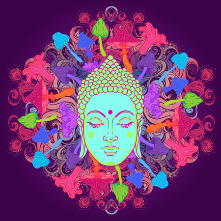 Acid Lord Buddha, ornate mandala round pattern mushroom illustration. Esoteric vintage vector illustration. Indian, Buddhism, spiritual art. Hippie tattoo, spirituality, rave party poster.のイラスト素材