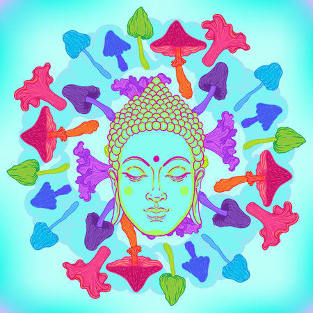 Acid Lord Buddha, ornate mandala round pattern mushroom illustration. Esoteric vintage vector illustration. Indian, Buddhism, spiritual art. Hippie tattoo, spirituality, rave party poster.のイラスト素材