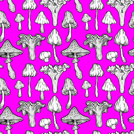 Magic mushrooms seamless pattern. Psychedelic hallucination. 60s hippie art in magenta color. Vintage psychedelic textile, fabric, wrapping, wallpaper. Vector repeating illustration.のイラスト素材