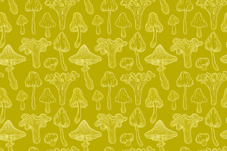 Magic mushrooms seamless pattern. Psychedelic hallucination. 60s hippie art in color of mustard. Vintage psychedelic textile, fabric, wrapping, wallpaper. Vector repeating illustration.のイラスト素材