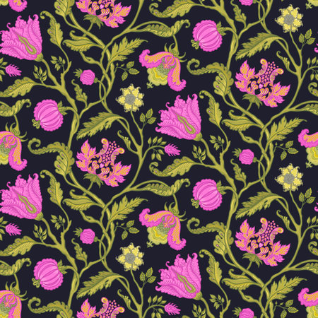 Floral vintage seamless pattern in Jacobean style for retro wallpapers. Enchanted Vintage Flowers. Chintz inspired. Design for wrapping paper, wallpaper, fabrics and fashion clothes.のイラスト素材