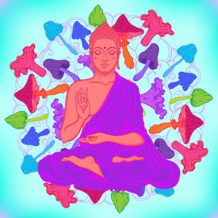 Acid Lord Buddha, ornate mandala round pattern mushroom illustration. Esoteric vintage vector illustration. Indian, Buddhism, spiritual art. Hippie tattoo, spirituality, rave party poster.のイラスト素材