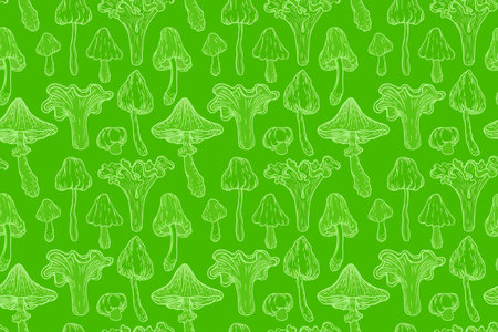 Magic mushrooms seamless pattern. Psychedelic hallucination. 60s hippie art in bright green color. Vintage psychedelic textile, fabric, wrapping, wallpaper. Vector repeating illustration.のイラスト素材