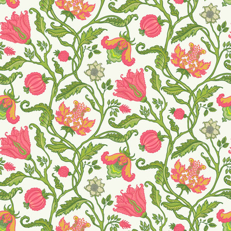 Floral vintage seamless pattern in Jacobean style for retro wallpapers. Enchanted Vintage Flowers. Chintz inspired. Design for wrapping paper, wallpaper, fabrics and fashion clothes.のイラスト素材