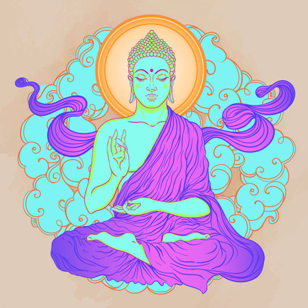 Acid Lord Buddha, ornate mandala round pattern mushroom illustration. Esoteric vintage vector illustration. Indian, Buddhism, spiritual art. Hippie tattoo, spirituality, rave party poster.のイラスト素材