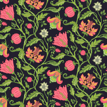 Floral vintage seamless pattern in Jacobean style for retro wallpapers. Enchanted Vintage Flowers. Chintz inspired. Design for wrapping paper, wallpaper, fabrics and fashion clothes.のイラスト素材