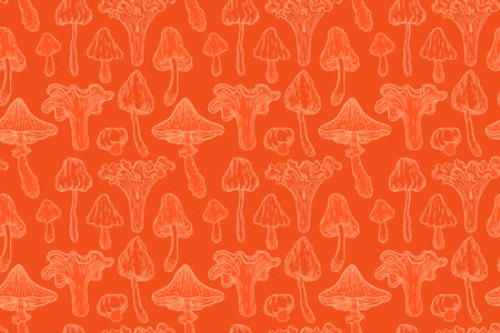 Magic mushrooms seamless pattern. Psychedelic hallucination. 60s hippie colorful art. Vintage psychedelic textile, fabric, wrapping, wallpaper. Vector repeating illustration.のイラスト素材