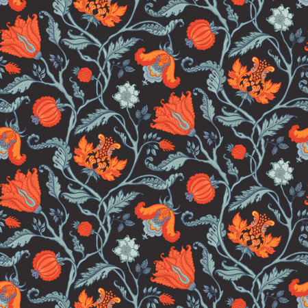 Floral vintage seamless pattern in Jacobean style for retro wallpapers. Enchanted Vintage Flowers. Chintz inspired. Design for wrapping paper, wallpaper, fabrics and fashion clothes.のイラスト素材