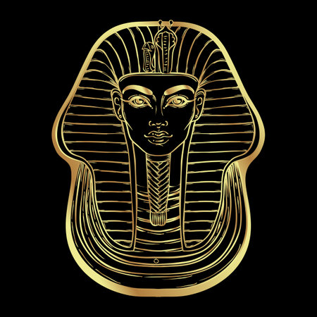 King Tutankhamun mask, ancient Egyptian pharaoh. Hand-drawn vintage vector outline illustration in gold over black. Egyptian sacred wall art logo design. Symbol of the ancient Egypt.のイラスト素材