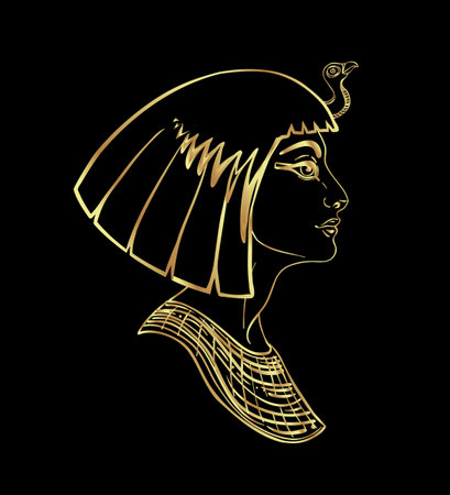 Egyptian queen Cleopatra isolated on white background. Queen of Egypt, was one of the most famous women in history. Hand-drawn vintage vector outline illustration in gold over black. Egyptian sacred wall art logo design. Symbol of the ancient Egypt.のイラスト素材