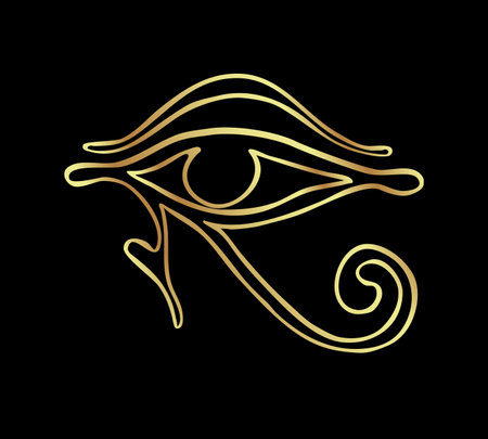 Wadjet, ancient Egyptian symbol of protection, royal power, good health. Eye of Horus. All seeing eye sign. Hand-drawn vintage vector outline illustration in gold over black. Egyptian sacred wall art logo design. Symbol of the ancient Egypt.のイラスト素材