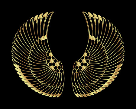 Wings in Egyptian style. Hand-drawn vintage tattoo art. Egypt tribal symbol of pharaoh, element of ancient design. Hand-drawn vintage vector outline illustration in gold over black. Egyptian sacred wall art logo. Symbol of the ancient Egypt.のイラスト素材